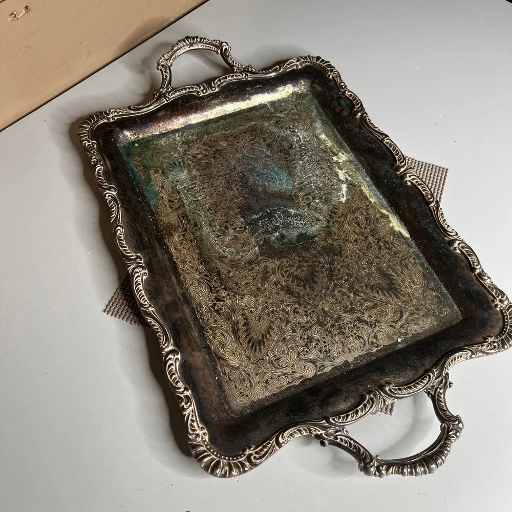 Vintage Silver Plated Rectangular Serving Tray Ornate Handles Etched Floral 19in